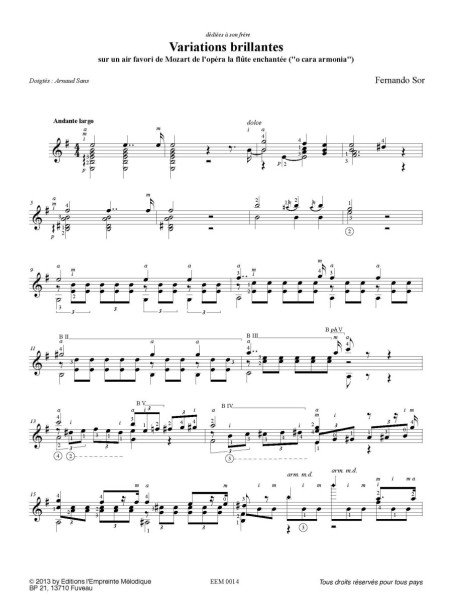 Fernando Sor, variations sur la flûte enchantée, doigtés Arnaud Sans