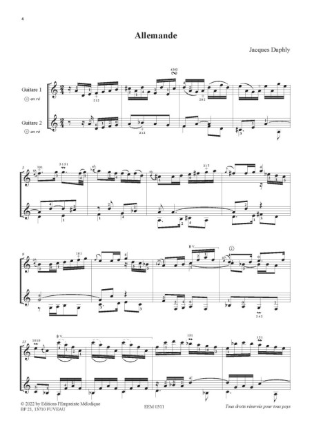 Jacques duphly, Allemande, La Vanlo, Rondeau, transcription duo Odelia , duos de guitare